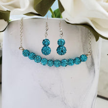 Load image into Gallery viewer, A handmade pave crystal rhinestone bar necklace accompanied by a pair of drop earrings. - aquamarine blue or custom color - Rhinestone Necklace Set - Jewelry Sets - Bridal Jewelry