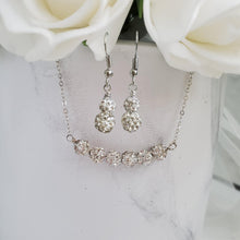 Load image into Gallery viewer, A handmade pave crystal rhinestone bar necklace accompanied by a pair of drop earrings. - silver clear or custom color - Rhinestone Necklace Set - Jewelry Sets - Bridal Jewelry
