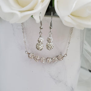 A handmade pave crystal rhinestone bar necklace accompanied by a pair of drop earrings. - silver clear or custom color - Rhinestone Necklace Set - Jewelry Sets - Bridal Jewelry