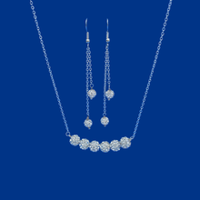 Load image into Gallery viewer, Necklace Set - Wedding Sets - Necklace And Earring Set, handmade crystal bar necklace accompanied by a matching bracelet and a pair of multi-strand drop earrings, silver clear or custom color
