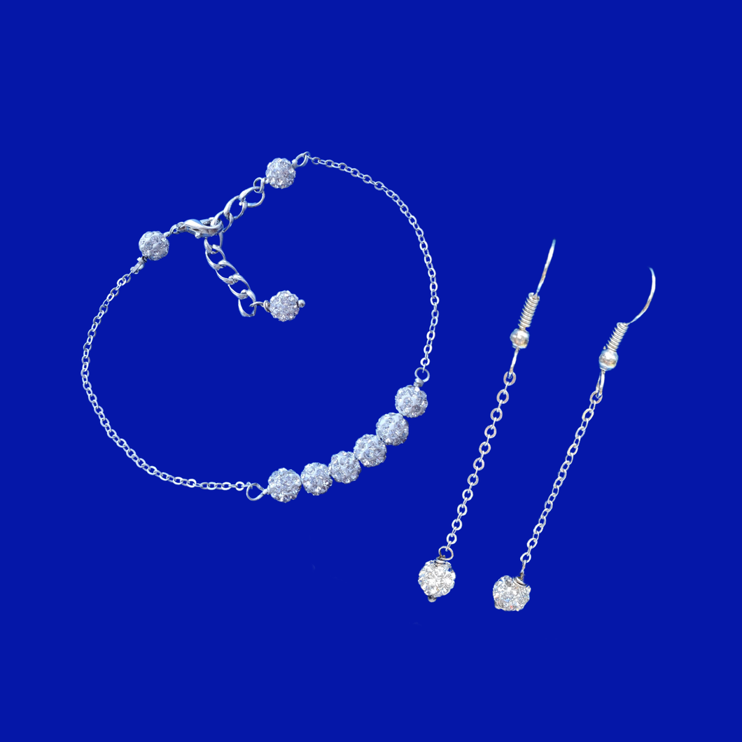 Bracelet Sets | Bridal Sets | Bridal Party Gifts, Pave Crystal Bar Bracelet Drop Earring Jewelry Set, silver or custom color