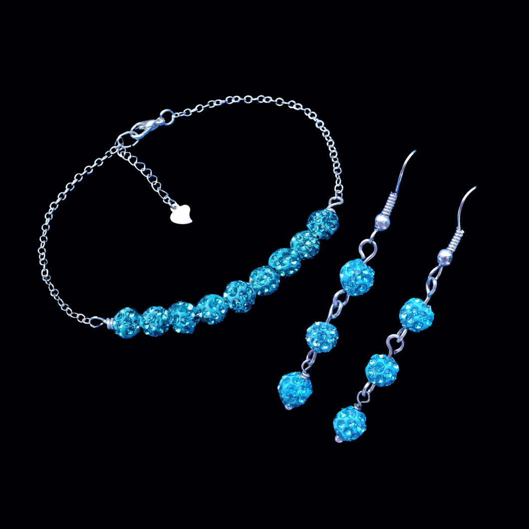 Earrings Sets - Jewelry Set - Bracelet Sets, handmade crystal bracelet accompanied by a pair of drop earrings, aquamarine blue or custom color