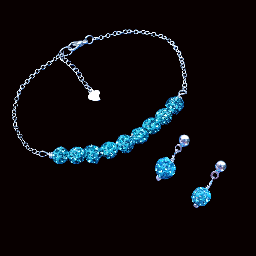 Stud Earrings Set - Jewelry Set - Bracelet Sets, handmade crystal bar bracelet accompanied by a pair of stud earrings, aquamarine blue or custom color