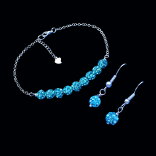 Load image into Gallery viewer, Earrings Set - Jewelry Set - Bracelet Sets, handmade pave crystal bar bracelet accompanied by a pair of earrings, aquamarine blue or custom color