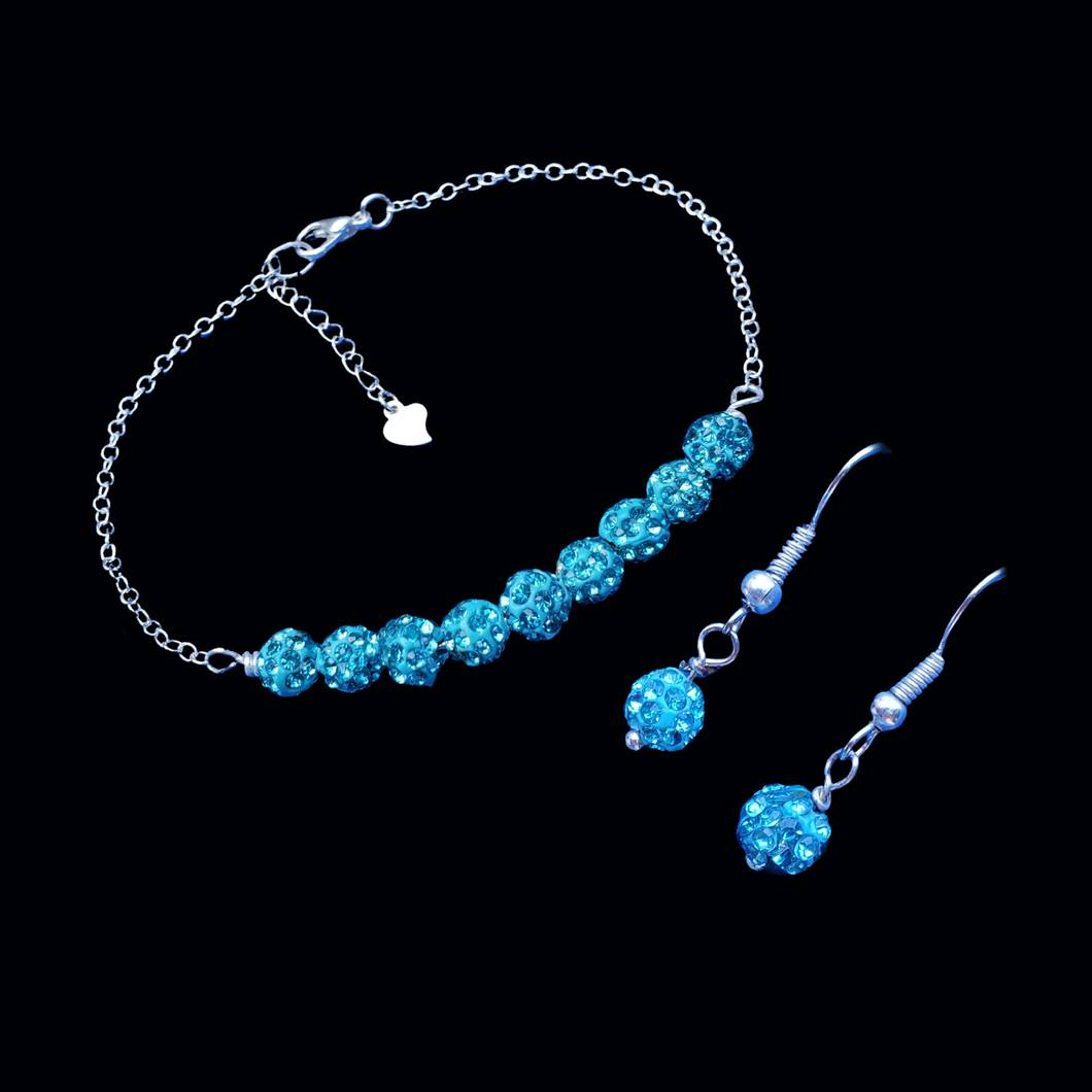 Earrings Set - Jewelry Set - Bracelet Sets, handmade pave crystal bar bracelet accompanied by a pair of earrings, aquamarine blue or custom color