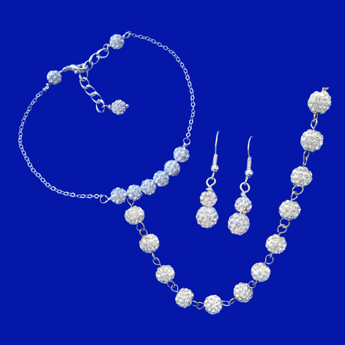 handmade crystal necklace accompanied by a bar bracelet and a pair of drop earrings, silver clear