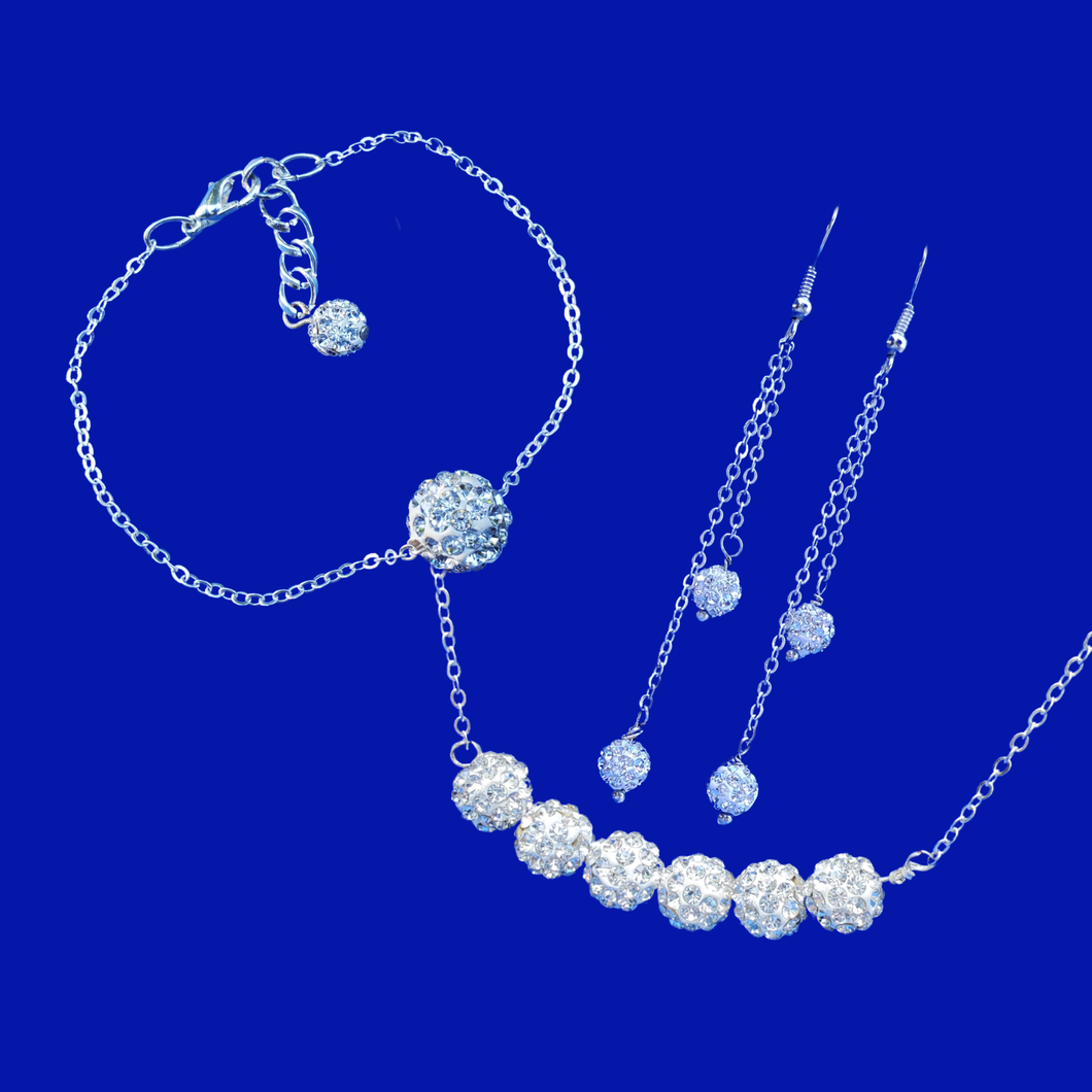 Necklace Set - Bridal Jewellery Set - Jewelry Sets, handmade crystal bar necklace accompanied by a floating bracelet and a pair of multi-strand drop earrings, silver clear or custom color