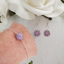 Load image into Gallery viewer, Handmade pave crystal rhinestone floating bracelet accompanied by a pair of dangle earrings. - Violet (light purple) or custom color - Earring Sets - Jewelry Set - Bracelet Set