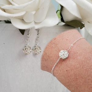 Handmade pave crystal rhinestone floating bracelet accompanied by a pair of dangle earrings. - Silver Clear or custom color - Earring Sets - Jewelry Set - Bracelet Set