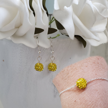 Load image into Gallery viewer, Handmade pave crystal rhinestone floating bracelet accompanied by a pair of dangle earrings. - Citrine (yellow) or custom color - Earring Sets - Jewelry Set - Bracelet Set