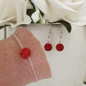 Handmade pave crystal rhinestone floating bracelet accompanied by a pair of dangle earrings. - Light Siam (red) or custom color - Earring Sets - Jewelry Set - Bracelet Set