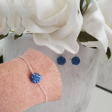 Load image into Gallery viewer, Handmade pave crystal rhinestone floating bracelet accompanied by a pair of dangle earrings. - Light Sapphire (blue) or custom color - Earring Sets - Jewelry Set - Bracelet Set