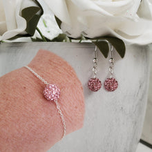Load image into Gallery viewer, Handmade pave crystal rhinestone floating bracelet accompanied by a pair of dangle earrings. - Rosaline (light pink) or custom color - Earring Sets - Jewelry Set - Bracelet Set