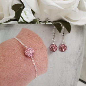 Handmade pave crystal rhinestone floating bracelet accompanied by a pair of dangle earrings. - Rosaline (light pink) or custom color - Earring Sets - Jewelry Set - Bracelet Set