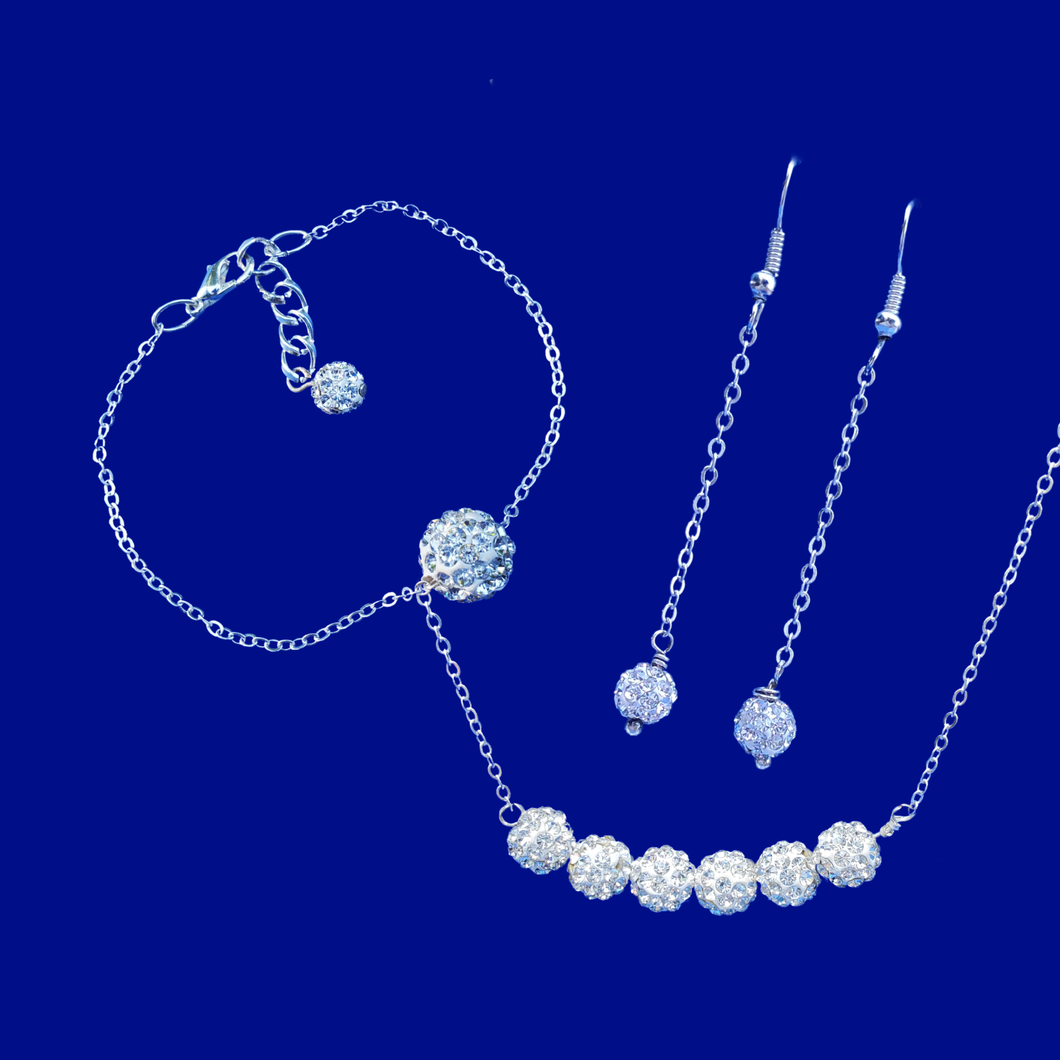 handmade crystal bar necklace accompanied by a floating bracelet and a pair of drop earrings, silver clear or custom color