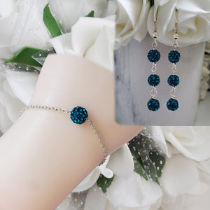 Handmade pave crystal rhinestone floating bracelet accompanied by a pair of drop earrings - blue zircon or custom color - Earring Sets - Bridal Sets - Bracelet Sets
