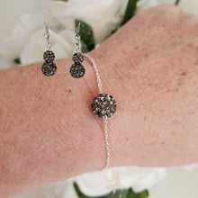Load image into Gallery viewer, Handmade floating crystal bracelet accompanied by a pair of drop earrings - black diamond or custom color - Earring Sets - Bridal Jewelry Set - Bracelet Sets