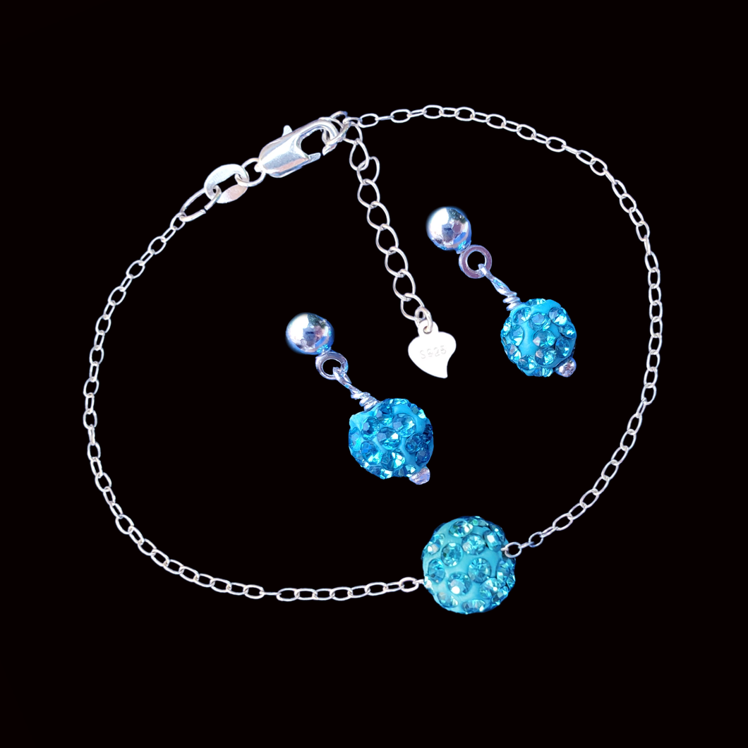 Jewelry Set - Bracelet Sets - Bridal Jewelry Set, handmade crystal floating bracelet accompanied by a pair of stud earrings, aquamarine blue or custom color