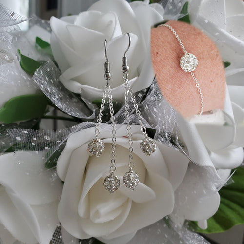 Handmade floating crystal bracelet accompanied by a pair of multi-strand drop earrings, silver clear or custom color - Bridal Sets - Bracelet Sets - Earring Sets