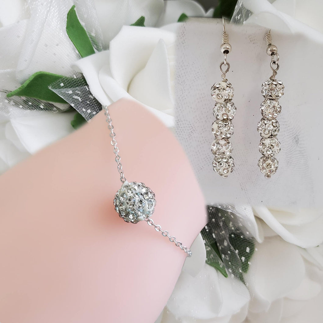 Handmade pave crystal rhinestone floating bracelet accompanied by a pair drop earrings, silver clear or custom color - Bridal Jewelry Set - Bracelet Sets - Earring Sets