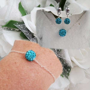 Handmade pave crystal crystal rhinestone floating necklace accompanied by a matching bracelet and a pair of stud earrings - aquamarine blue or custom color - Necklace Set - Jewelry Sets - Stud Earrings Set