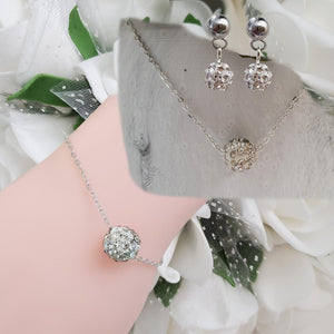 Handmade pave crystal crystal rhinestone floating necklace accompanied by a matching bracelet and a pair of stud earrings - silver clear or custom color - Necklace Set - Jewelry Sets - Stud Earrings Set