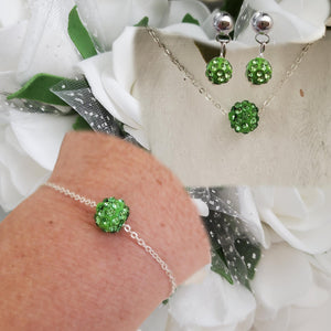 Handmade pave crystal crystal rhinestone floating necklace accompanied by a matching bracelet and a pair of stud earrings - peridot (green) or custom color - Necklace Set - Jewelry Sets - Stud Earrings Set