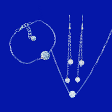 Load image into Gallery viewer, Jewelry Sets - Necklace Set - Bridal Sets, handmade floating crystal necklace accompanied by a matching bracelet and a pair of multi-strand drop earrings, silver clear or custom color