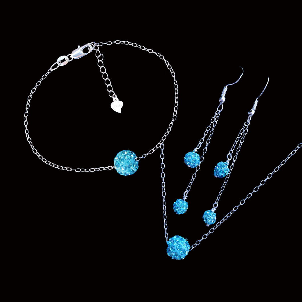 Jewelry Sets - Necklace Set - Bridal Sets, handmade floating crystal necklace accompanied by a matching bracelet and a pair of multi-strand drop earrings, aquamarine blue or custom color