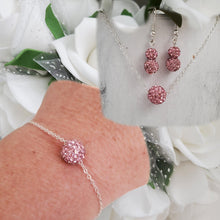 Load image into Gallery viewer, Handmade floating pave crystal rhinestone floating necklace accompanied by a matching bracelet and a pair of drop earrings - rosaline or custom color - Jewelry Sets - Necklace Sets - Bridal Sets