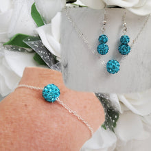 Load image into Gallery viewer, Handmade floating pave crystal rhinestone floating necklace accompanied by a matching bracelet and a pair of drop earrings - aquamarine blue or custom color - Jewelry Sets - Necklace Sets - Bridal Sets