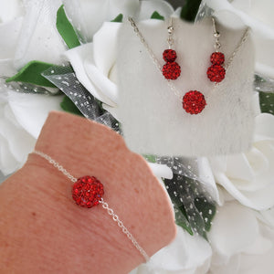 Handmade floating pave crystal rhinestone floating necklace accompanied by a matching bracelet and a pair of drop earrings - light siam or custom color - Jewelry Sets - Necklace Sets - Bridal Sets