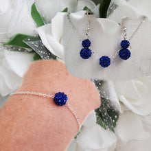 Load image into Gallery viewer, Handmade floating pave crystal rhinestone floating necklace accompanied by a matching bracelet and a pair of drop earrings - capri blue or custom color - Jewelry Sets - Necklace Sets - Bridal Sets