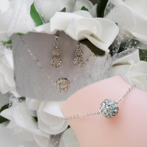 Handmade floating pave crystal rhinestone floating necklace accompanied by a matching bracelet and a pair of drop earrings - silver clear or custom color - Jewelry Sets - Necklace Sets - Bridal Sets
