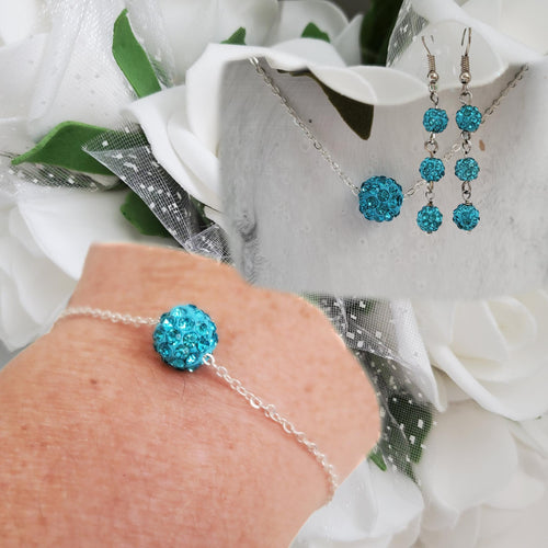 Handmade floating pave crystal rhinestone necklace accompanied by a matching bracelet and a pair of drop earrings - aquamarine blue or custom color - Bridal Party Gifts - Jewelry Sets - Necklace Set