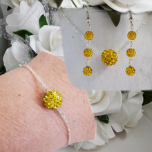 Load image into Gallery viewer, Handmade floating pave crystal rhinestone necklace accompanied by a matching bracelet and a pair of drop earrings - citrine or custom color - Bridal Party Gifts - Jewelry Sets - Necklace Set