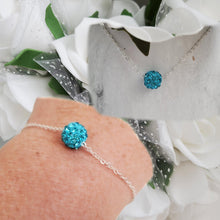 Load image into Gallery viewer, Handmade pave crystal rhinestone floating necklace accompanied by a matching bracelet - aquamarine blue or custom color - Necklace And Bracelet Set - Necklace Set - Jewelry Set