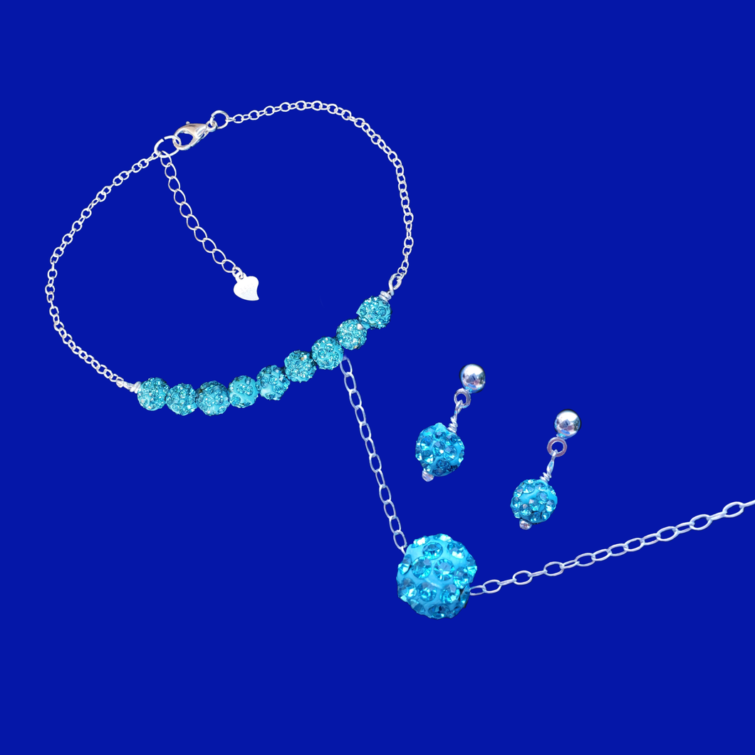 Bridal Party Gifts - Jewelry Sets - Bridesmaid Jewelry - handmade floating crystal necklace accompanied by a bar bracelet and a pair of stud earrings, aquamarine blue or custom color