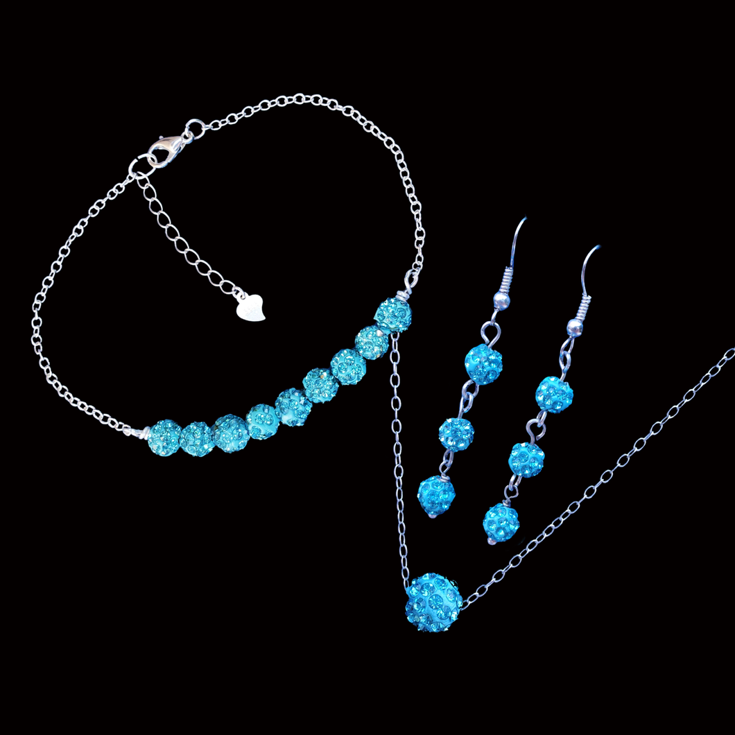 Necklace Set - Bridal Jewelry Set - Jewelry Sets, handmade crystal floating necklace is accompanied by a bracelet and a pair of drop earrings, aquamarine blue or custom color