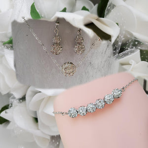Handmade pave crystal rhinestone floating necklace accompanied by a bar bracelet and a pair of dangle earrings - silver clear or custom color - Necklace Set - Bridal Sets - Jewelry Set