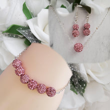Load image into Gallery viewer, Handmade pave crystal rhinestone floating necklace accompanied by a bar bracelet and a pair of dangle earrings - rosaline or custom color - Necklace Set - Bridal Sets - Jewelry Set