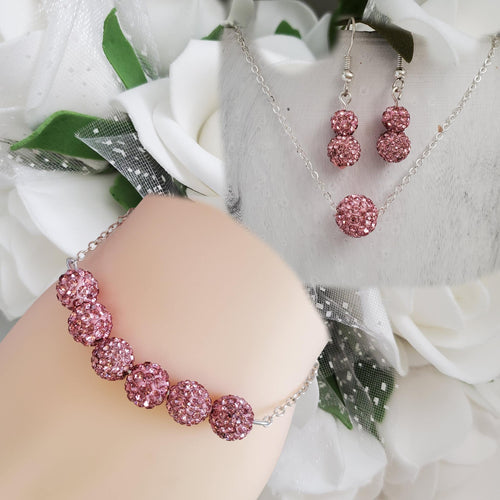 Handmade pave crystal rhinestone floating necklace accompanied by a bar bracelet and a pair of dangle earrings - rosaline or custom color - Necklace Set - Bridal Sets - Jewelry Set
