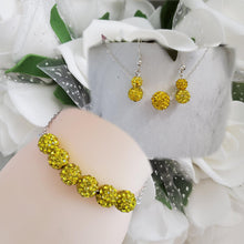 Load image into Gallery viewer, Handmade pave crystal rhinestone floating necklace accompanied by a bar bracelet and a pair of dangle earrings - citrine or custom color - Necklace Set - Bridal Sets - Jewelry Set
