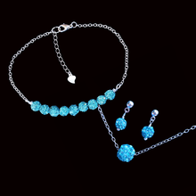 Load image into Gallery viewer, Gifts For Bridesmaids - Jewelry Sets - Bridal Sets - handmade crystal floating necklace accompanied by a bar bracelet and a pair of stud earrings, blue or custom color