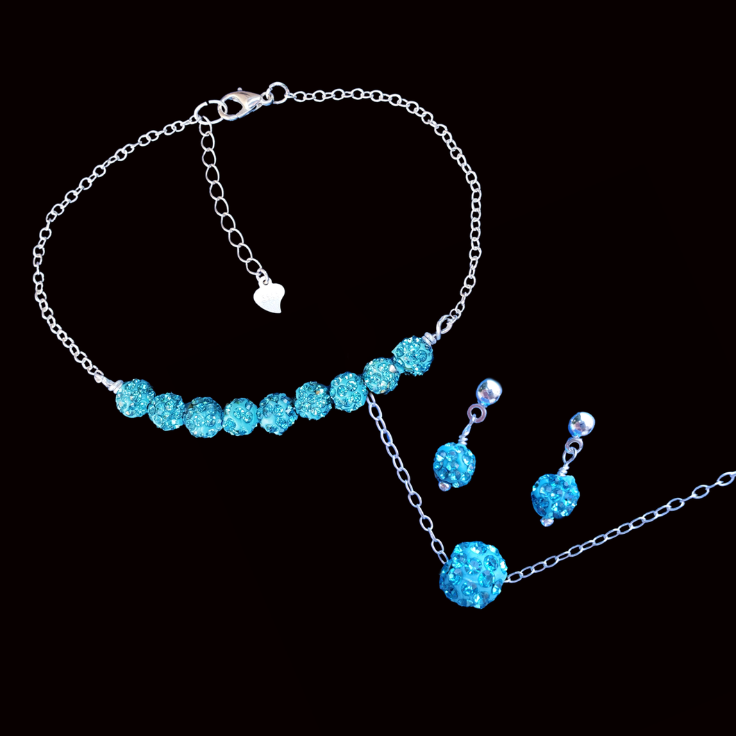 Gifts For Bridesmaids - Jewelry Sets - Bridal Sets - handmade crystal floating necklace accompanied by a bar bracelet and a pair of stud earrings, blue or custom color