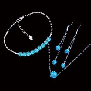 Necklace Set - Jewelry Sets - Bridal Party Gifts - handmade crystal floating necklace accompanied by a bar bracelet and a pair of multi-strand drop earrings, aquamarine blue or custom color