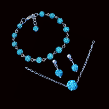 Load image into Gallery viewer, Bridesmaid Gifts - Jewelry Sets - Bridesmaid Jewelry - handmade floating crystal necklace accompanied by a bracelet and a pair of stud earrings, blue or custom color