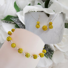 Load image into Gallery viewer, Handmade pave crystal rhinestone floating necklace accompanied by a link bracelet and a pair of dangle earrings - citrine or custom color - Jewelry Sets - Necklace Set - Bridal Party Gifts