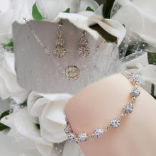 Load image into Gallery viewer, Handmade pave crystal rhinestone floating necklace accompanied by a link bracelet and a pair of dangle earrings - silver clear or custom color - Jewelry Sets - Necklace Set - Bridal Party Gifts