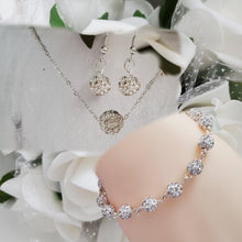 Load image into Gallery viewer, Handmade pave crystal rhinestone floating necklace accompanied by a link bracelet and a pair of dangle earrings - silver clear or custom color - Wedding Sets - Necklace Set - Jewelry Set
